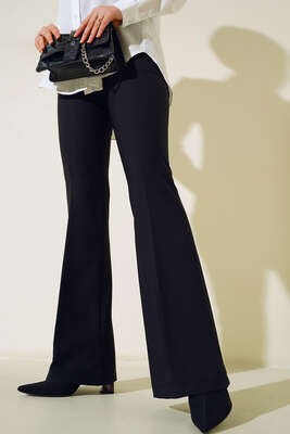 Cep Detaylı Yüksek Bel İspanyol Paça Pantolon Siyah - Kumaş Pantolon