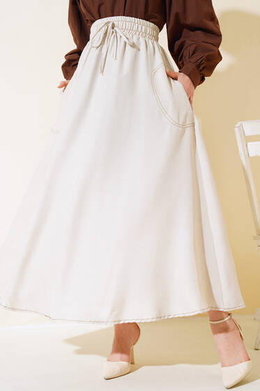 Cep Dikişli Keten Etek Bej - Etek