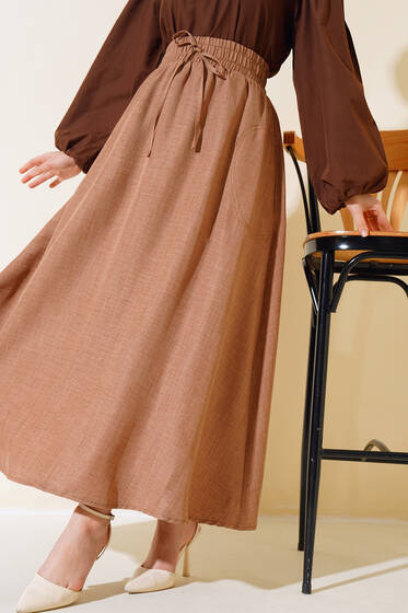 Cep Dikişli Keten Etek Camel - Etek