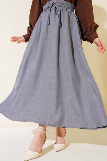Cep Dikişli Keten Etek Gri - Etek