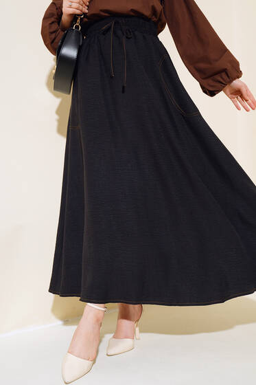 Cep Dikişli Keten Etek Siyah - Etek
