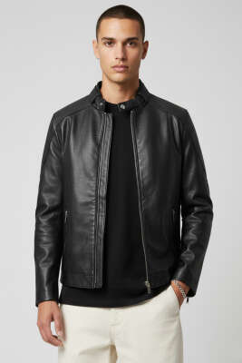 Cep Fermuarlı Deri Ceket Siyah - ZAGO