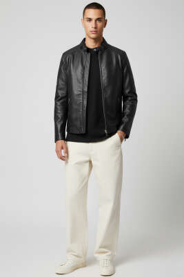 Cep Fermuarlı Deri Ceket Siyah - Erkek Ceket