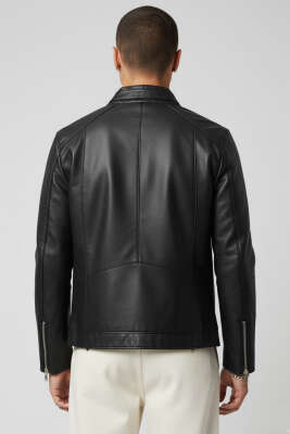 Cep Fermuarlı Deri Ceket Siyah - Erkek Ceket