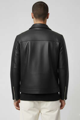 Cep Fermuarlı Deri Ceket Siyah - Erkek Ceket