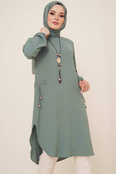 Cep Görünüm Süslemeli Tunik Çağla Yeşil - Tunik