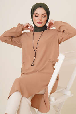 Cep Görünüm Süslemeli Tunik Camel 