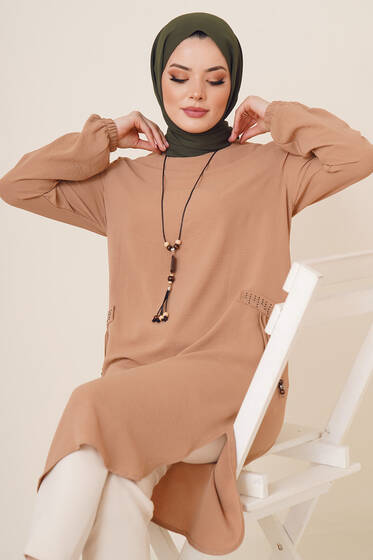 Cep Görünüm Süslemeli Tunik Camel - Tunik