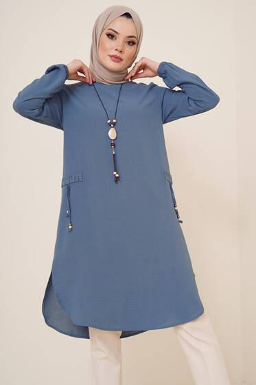 Cep Görünüm Süslemeli Tunik İndigo - Tunik