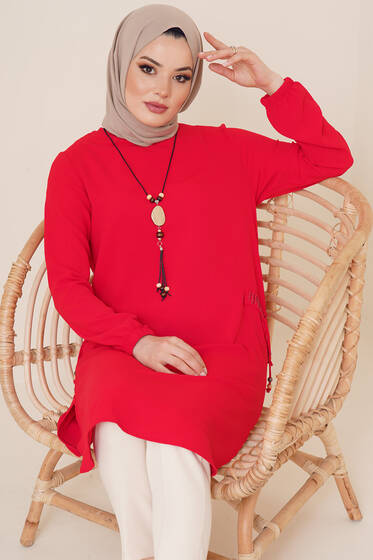 Cep Görünüm Süslemeli Tunik Kırmızı - Tunik