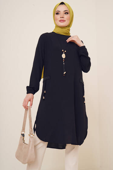 Cep Görünüm Süslemeli Tunik Siyah - Tunik
