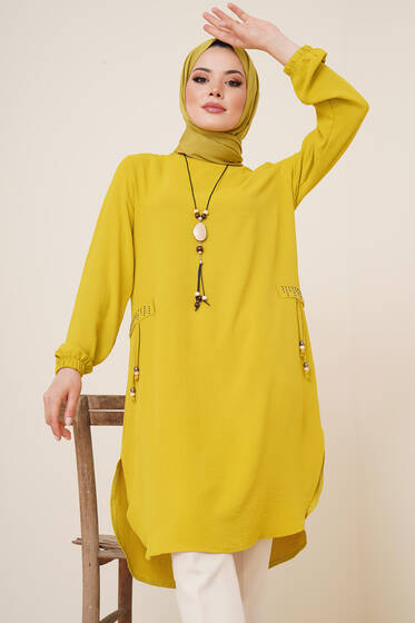Cep Görünüm Süslemeli Tunik Yağ Yeşili - Tunik