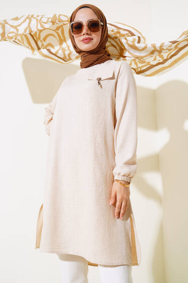 Cep Görünümlü Yırtmaçlı Tunik Bej - Tunik