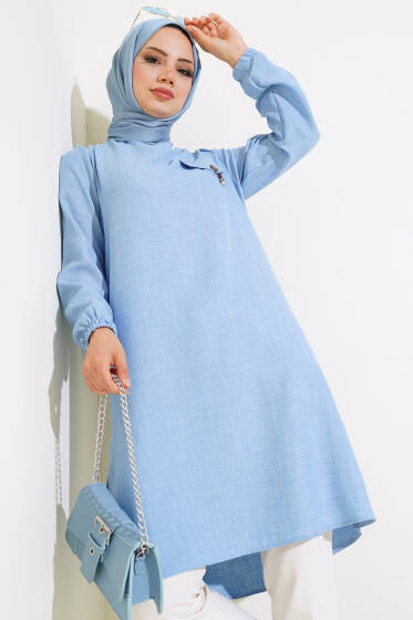 Cep Görünümlü Yırtmaçlı Tunik Buz Mavisi - Tunik