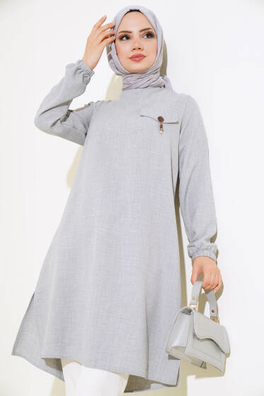 Cep Görünümlü Yırtmaçlı Tunik Gri - Tunik