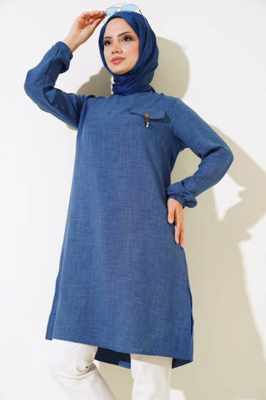 Cep Görünümlü Yırtmaçlı Tunik Indıgo - Tunik
