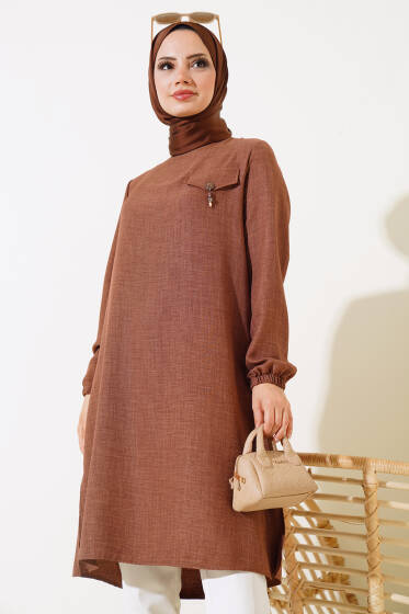 Cep Görünümlü Yırtmaçlı Tunik Kahve - Tunik