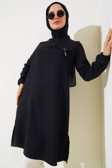 Cep Görünümlü Yırtmaçlı Tunik Siyah - Tunik