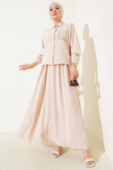 Cep İncili Etekli Ayrobin İkili Takım Bej - İkili Takım