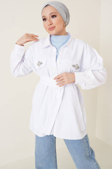 Cep Kapağı Taşlı Gömlek Beyaz - Gömlek