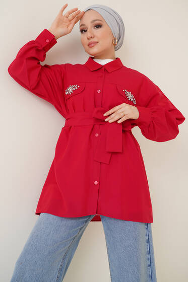 Cep Kapağı Taşlı Gömlek Bordo - Gömlek