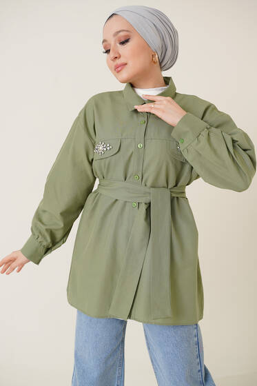 Cep Kapağı Taşlı Gömlek Haki - Gömlek