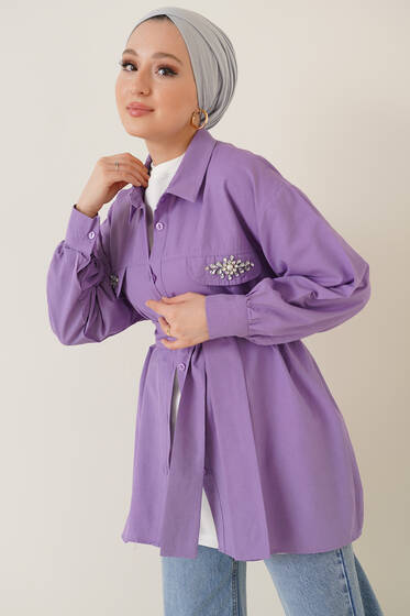 Cep Kapağı Taşlı Gömlek Lila - Gömlek