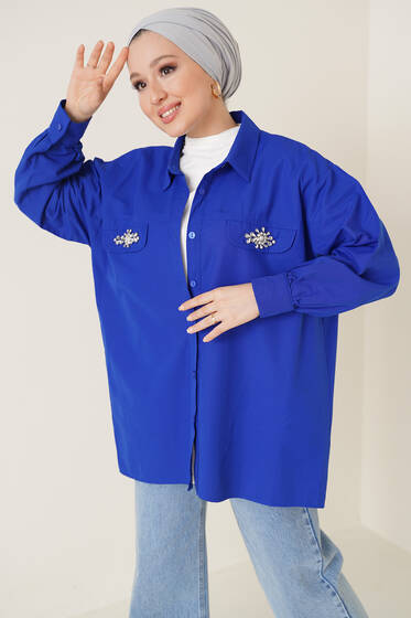 Cep Kapağı Taşlı Gömlek Saks - Gömlek