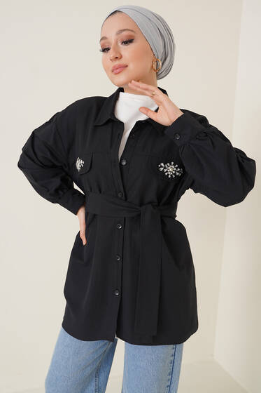 Cep Kapağı Taşlı Gömlek Siyah - Gömlek