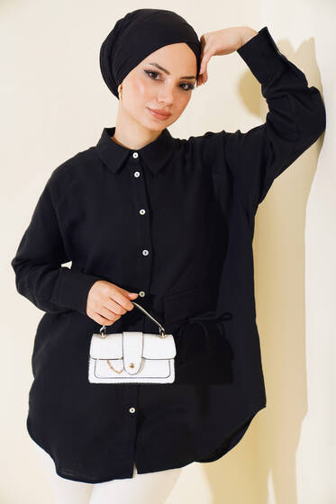 Cep Kapak Bağcıklı Gömlek Siyah - Gömlek