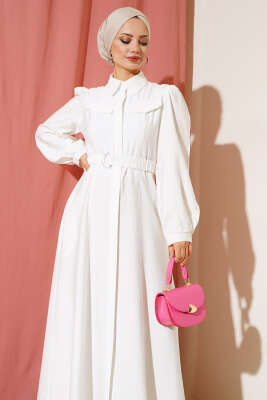 Cep Kapak Detaylı Kuşaklı Elbise Beyaz - Tesettür Elbise