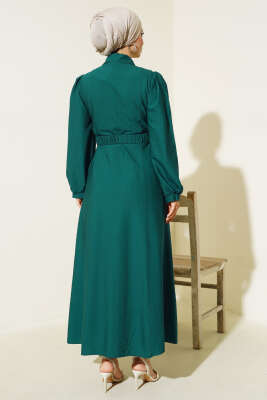 Cep Kapak Detaylı Kuşaklı Elbise Zümrüt - Tesettür Elbise