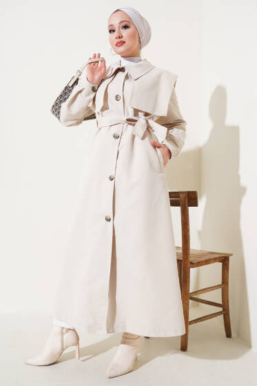 Cep Kapak Detaylı Pelerinli Trençkot Taş - Trençkot