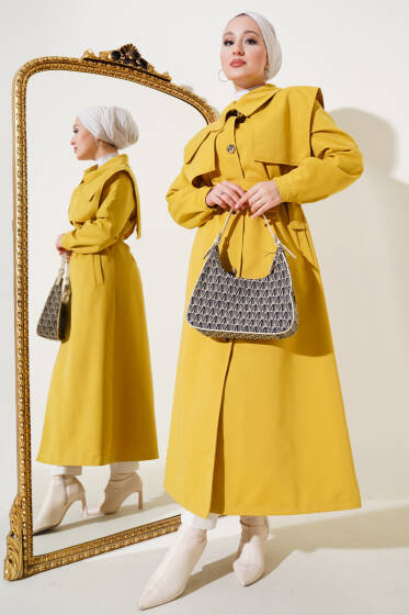 Cep Kapak Detaylı Pelerinli Trençkot Yağ Yeşili - Trençkot