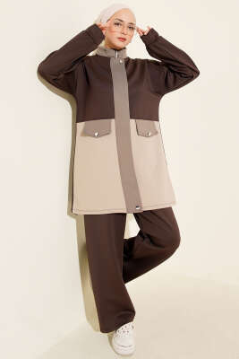 Cep Kapak Detaylı Scuba İkili Takım Kahve - NESSİA