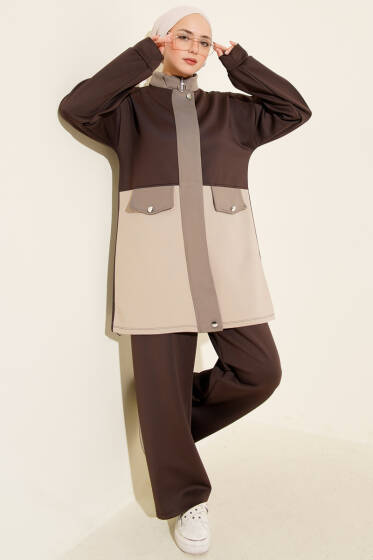 Cep Kapak Detaylı Scuba İkili Takım Kahve - İkili Takım