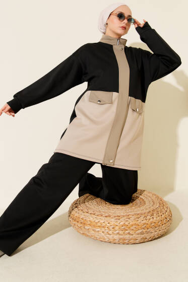 Cep Kapak Detaylı Scuba İkili Takım Siyah - İkili Takım