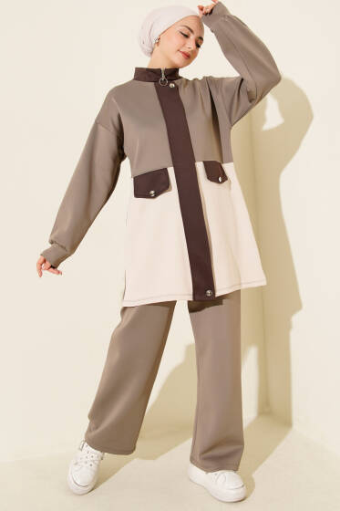 Cep Kapak Detaylı Scuba İkili Takım Vizon - İkili Takım