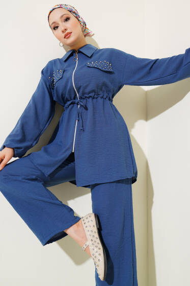Cep Kapak Taşlı Bel Tünelli Keten Takım Lacivert - İkili Takım