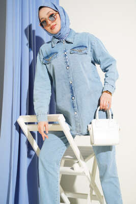 Cep Kapakları Taşlı Düğmeli Kot İkili Takım Açık Mavi - İkili Takım