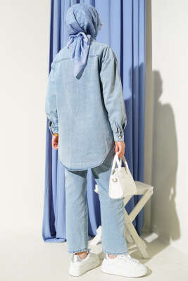 Cep Kapakları Taşlı Düğmeli Kot İkili Takım Açık Mavi - İkili Takım