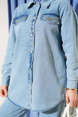 Cep Kapakları Taşlı Düğmeli Kot İkili Takım Açık Mavi - İkili Takım