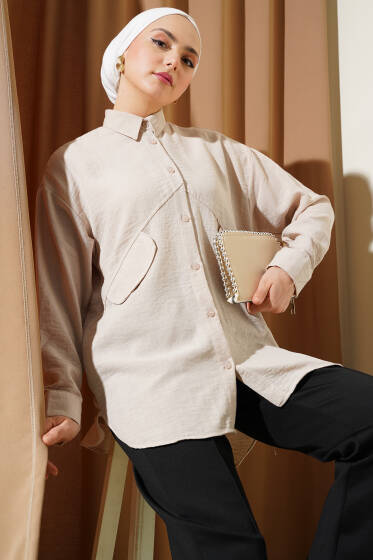 Cep Kapaklı Asimetrik Dikim Gömlek Bej - Gömlek