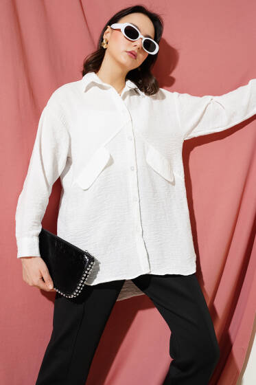 Cep Kapaklı Asimetrik Dikim Gömlek Beyaz - Gömlek