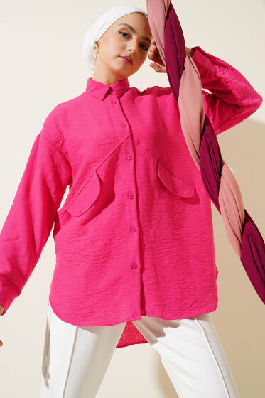 Cep Kapaklı Asimetrik Dikim Gömlek Fuşya - Gömlek