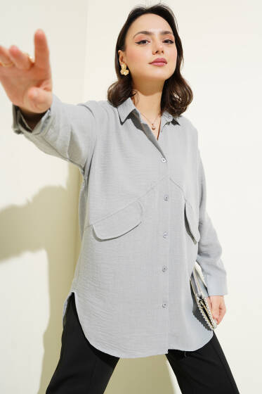 Cep Kapaklı Asimetrik Dikim Gömlek Gri - Gömlek