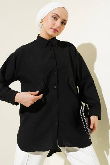 Cep Kapaklı Asimetrik Dikim Gömlek Siyah - Gömlek