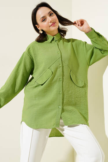 Cep Kapaklı Asimetrik Dikim Gömlek Yeşil - Gömlek