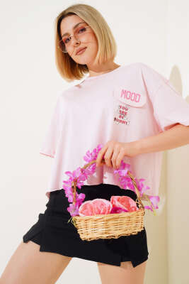 Cep Kapaklı Baskılı T-shirt Pudra 