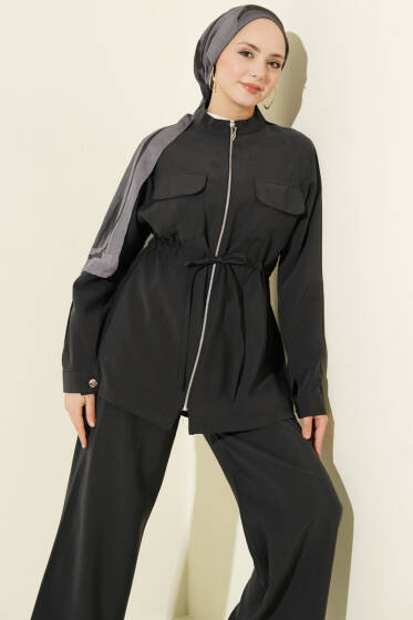 Cep Kapaklı Bel Tünelli Modal İkili Takım Füme - İkili Takım